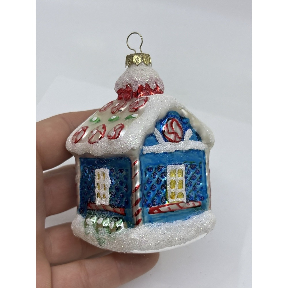Vtg Old Wold‎ Christmas House Glass Ornament Blue